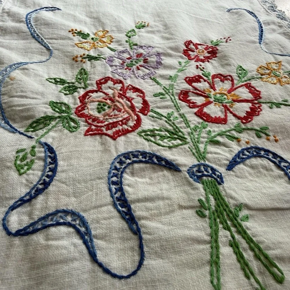 Vtg Hand-Embroidered Floral Linen Table Runner With Lace Tatted Edging 36